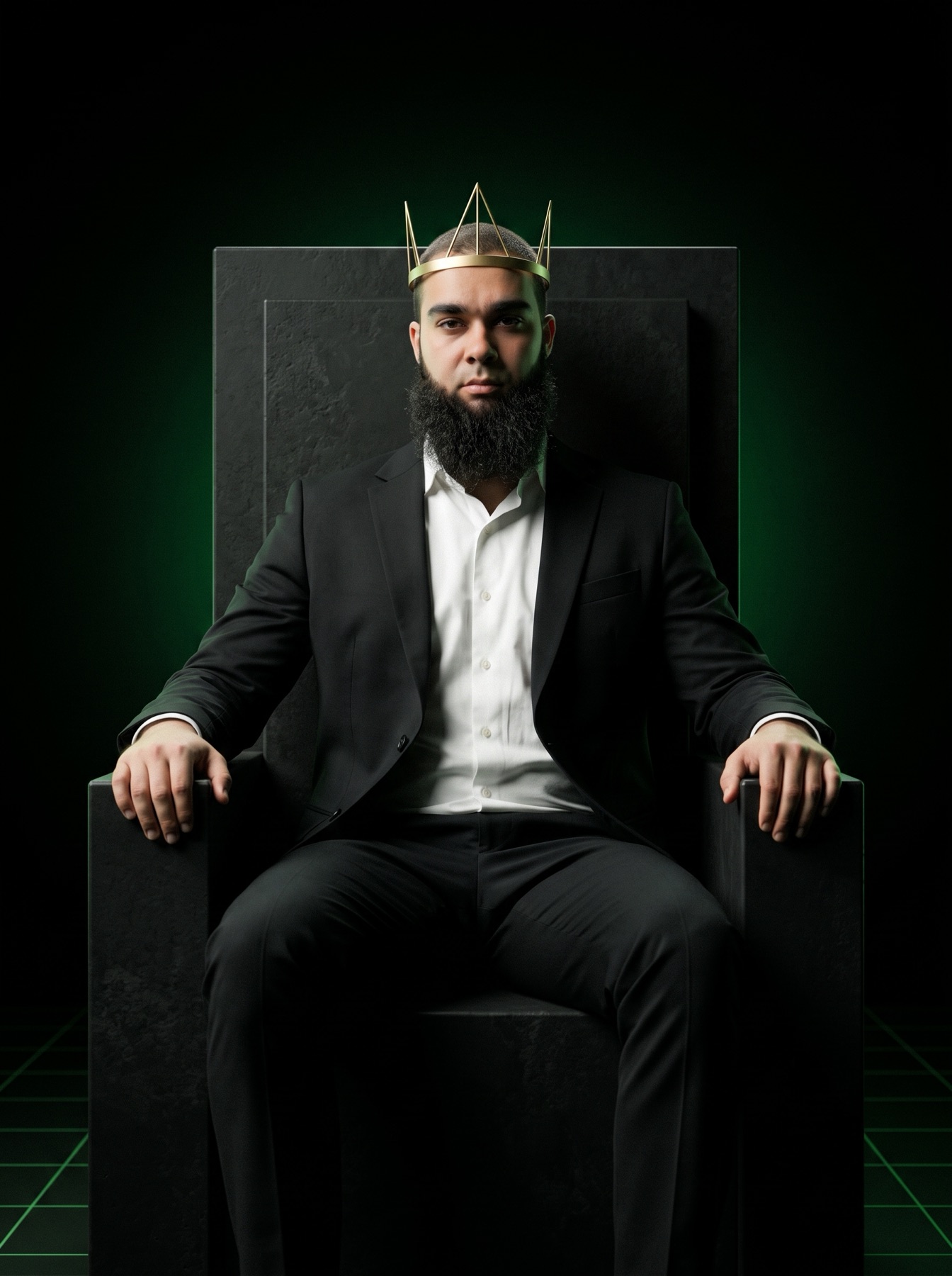 Josep Planas Peñalver, founder of HackDynasty, seated on a black monolithic throne